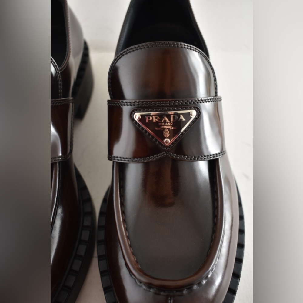 Prada Triangle Logo Fume Brown Black Platform Loafer Creeper Slip On Flat 41.5 - Picture 9 of 15